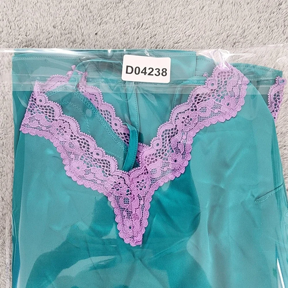 Victoria's Secret Chemise Womens L Blue Tease Satin Lace-Trim Mini Slip Retro
